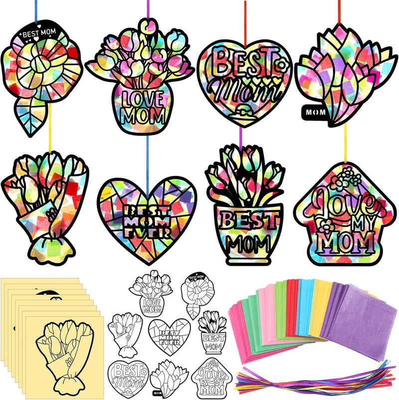 Eersida 32 Pcs Mothers Day Suncatchers Paper Craft Set DIY Flower Shaped Stained Glass Tissue Paper Kits Bulk for Activities Window Art Party Decorations Gift - Image 1